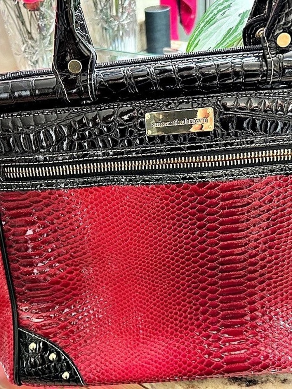 Samantha Brown Snakeskin-Embossed Tote in Red & Black